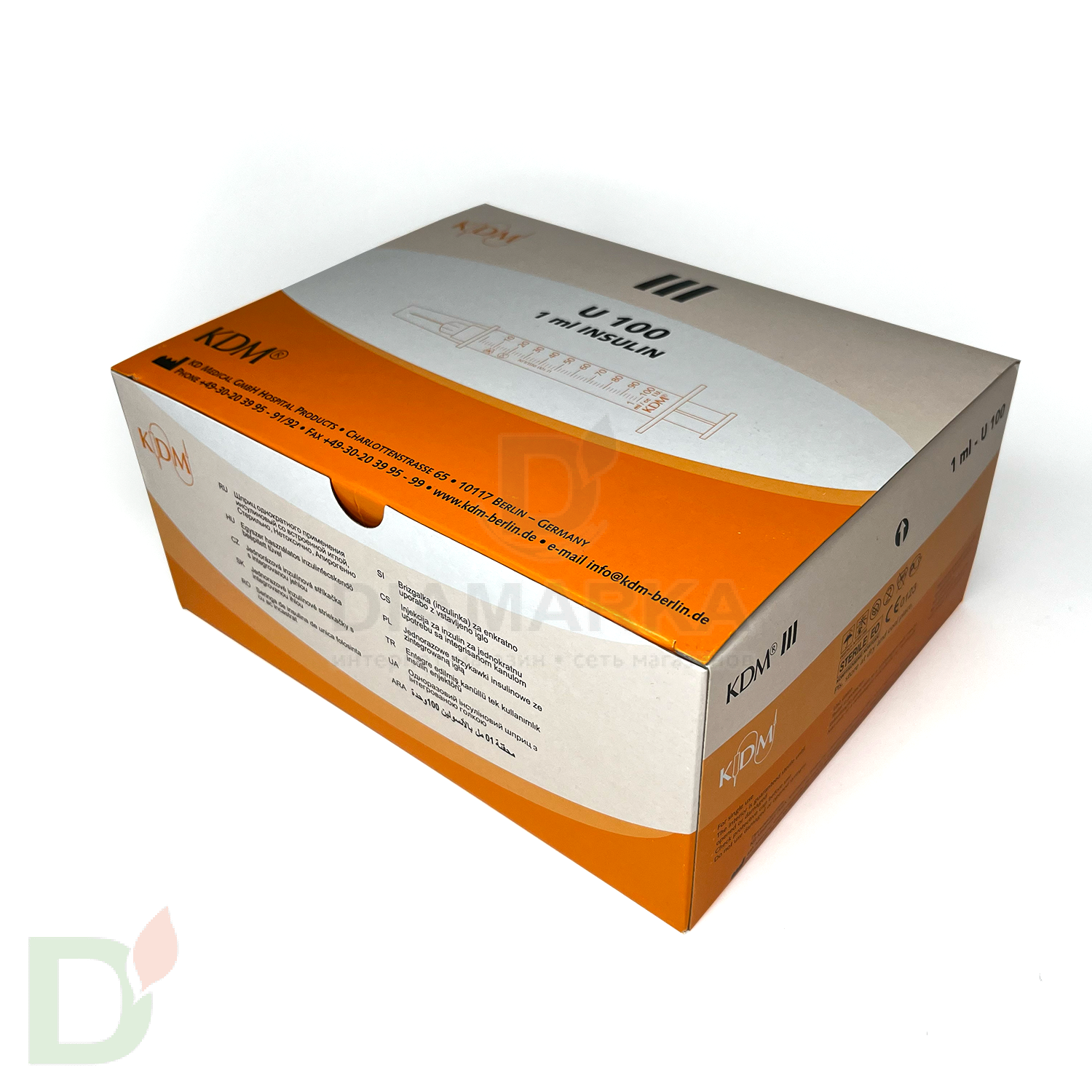 Шприцы инсулиновые KDM 100МЕ/ 1МЛ с иглой 30G (0.30мм*12.7мм), 10 шт.