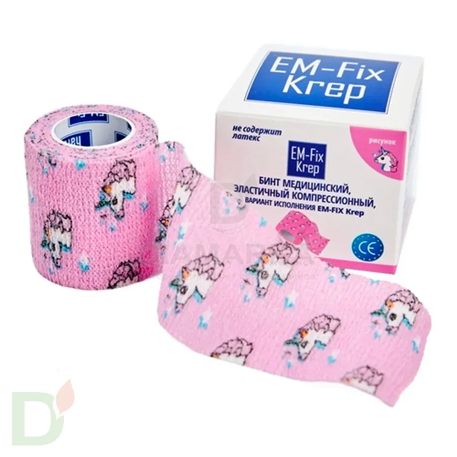 Бинт самофиксирующийся EM-Fix krep Розовый с единорогом, 5см*4,5м в Краснодаре